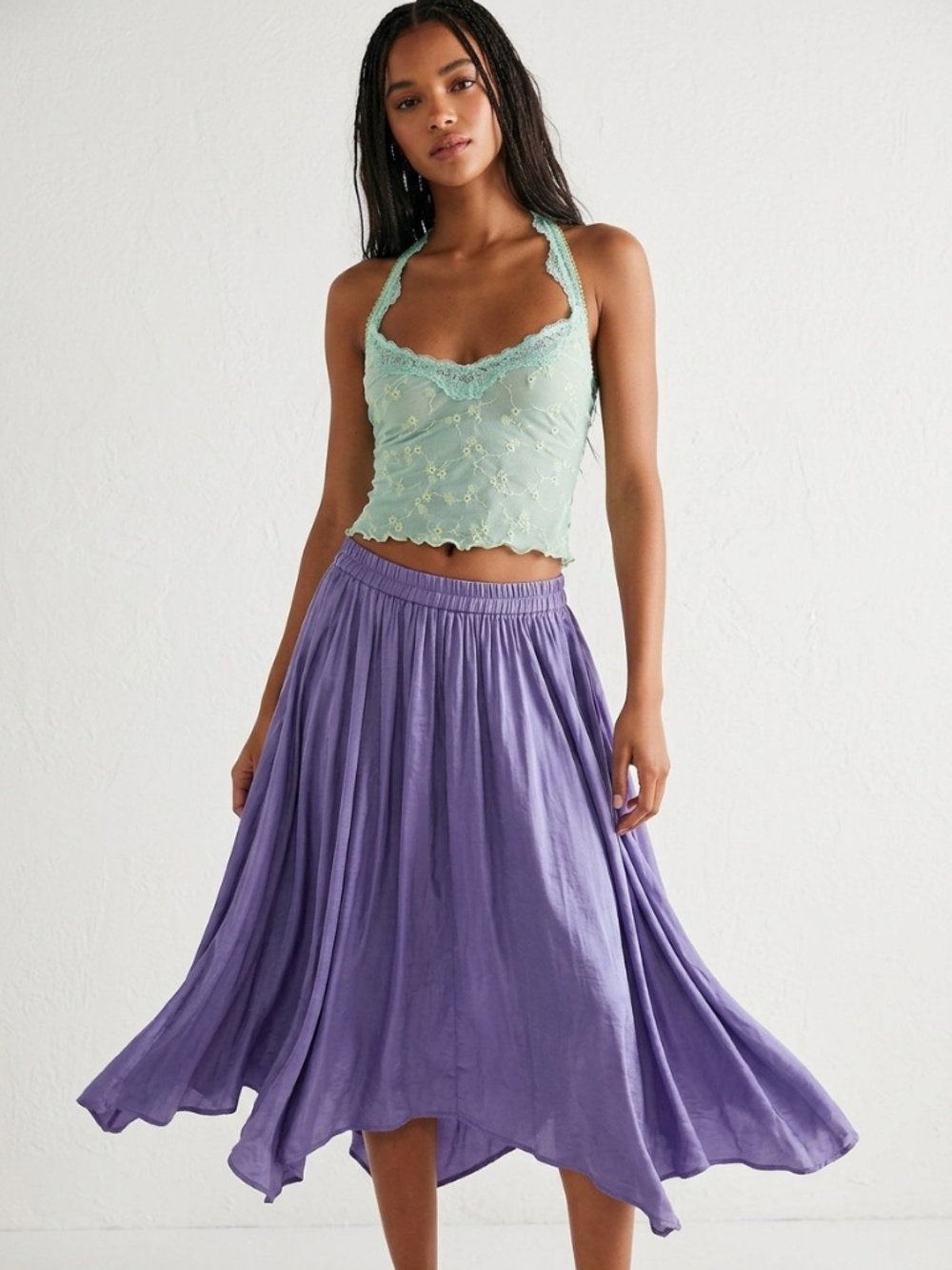 SAVANAH Vintage 100% Silk Crinkle Midi Skirt in Lavender / Periwinkle